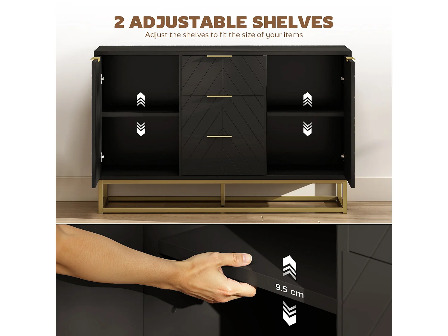 Varase Black Sideboard 120cm 3 Drawers 2 Doors Gold Tone Accents