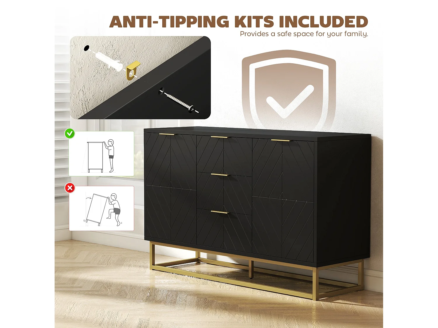 Varase Black Sideboard 120cm 3 Drawers 2 Doors Gold Tone Accents