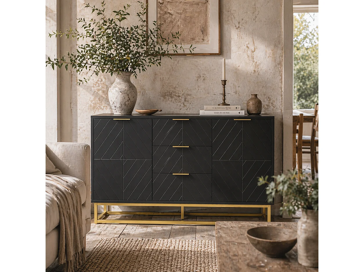 Varase Black Sideboard 120cm 3 Drawers 2 Doors Gold Tone Accents