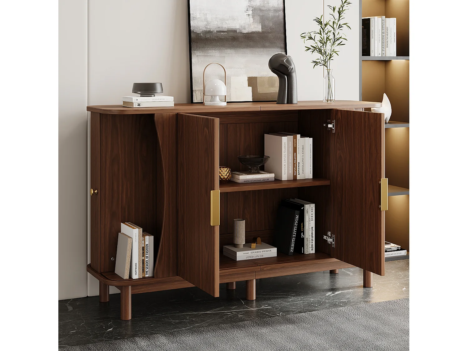 Nowoczesna komoda 140x40x88 cm - 2 drzwi przesuwne i 2 drzwi uchylne - wykończenie drewnopodobne - MDF - brązowy