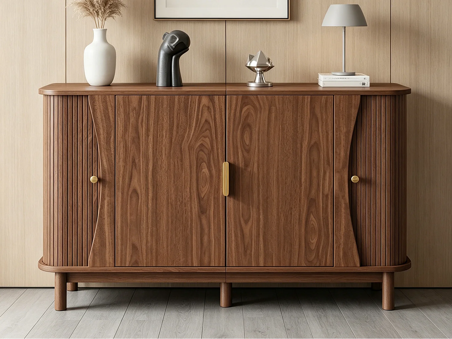 Nowoczesna komoda 140x40x88 cm - 2 drzwi przesuwne i 2 drzwi uchylne - wykończenie drewnopodobne - MDF - brązowy