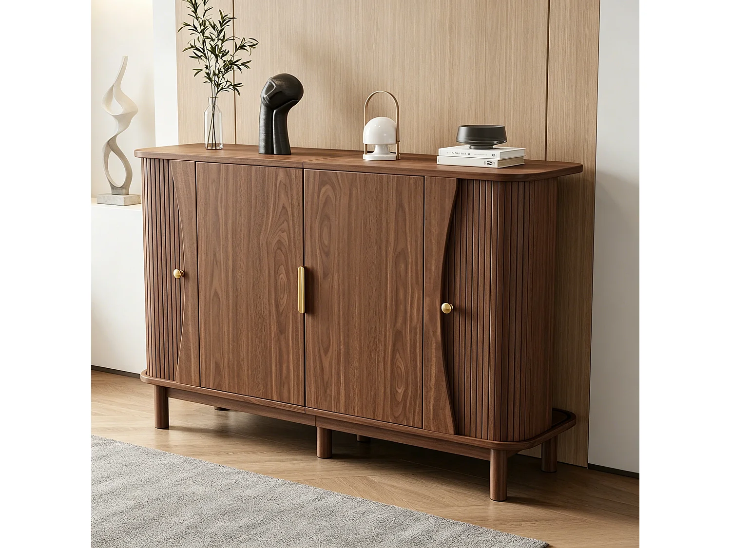 Nowoczesna komoda 140x40x88 cm - 2 drzwi przesuwne i 2 drzwi uchylne - wykończenie drewnopodobne - MDF - brązowy