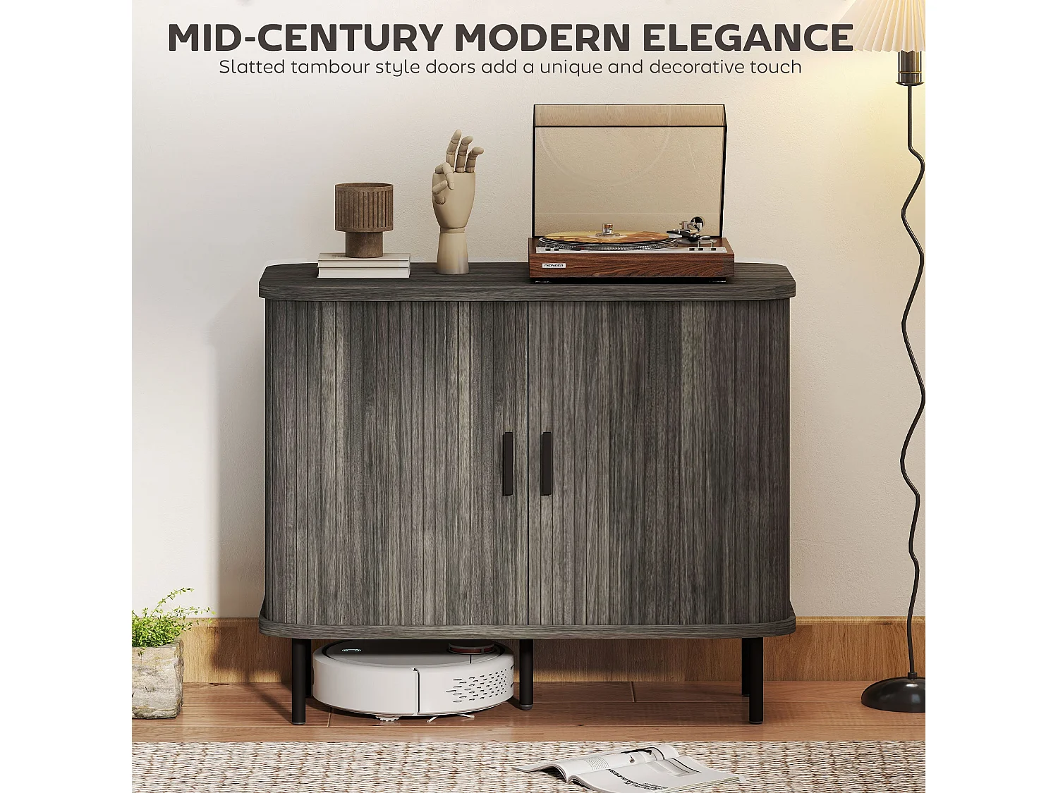 Tayoyo Grey Mid Century Sideboard Slatted Tambour Sliding Doors Steel Legs