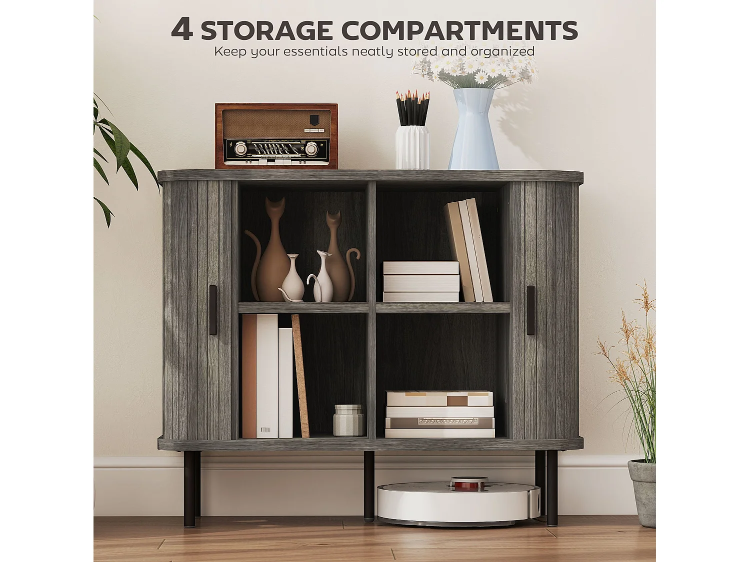 Tayoyo Grey Mid Century Sideboard Slatted Tambour Sliding Doors Steel Legs