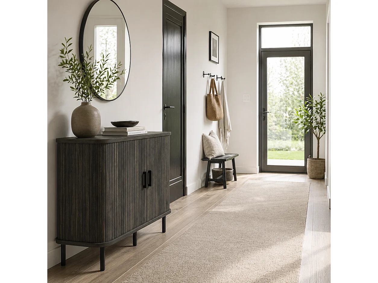 Tayoyo Grey Mid Century Sideboard Slatted Tambour Sliding Doors Steel Legs