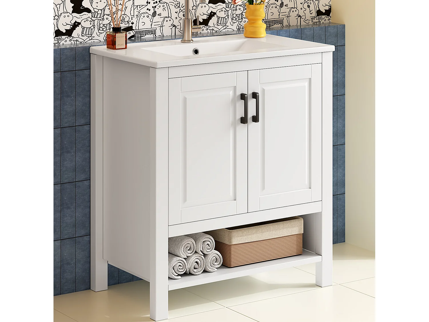 Bathroom cabinet with ceramic sink - 2 doors and open shelves - 76.5x47x83 cm - lacquered finish - white