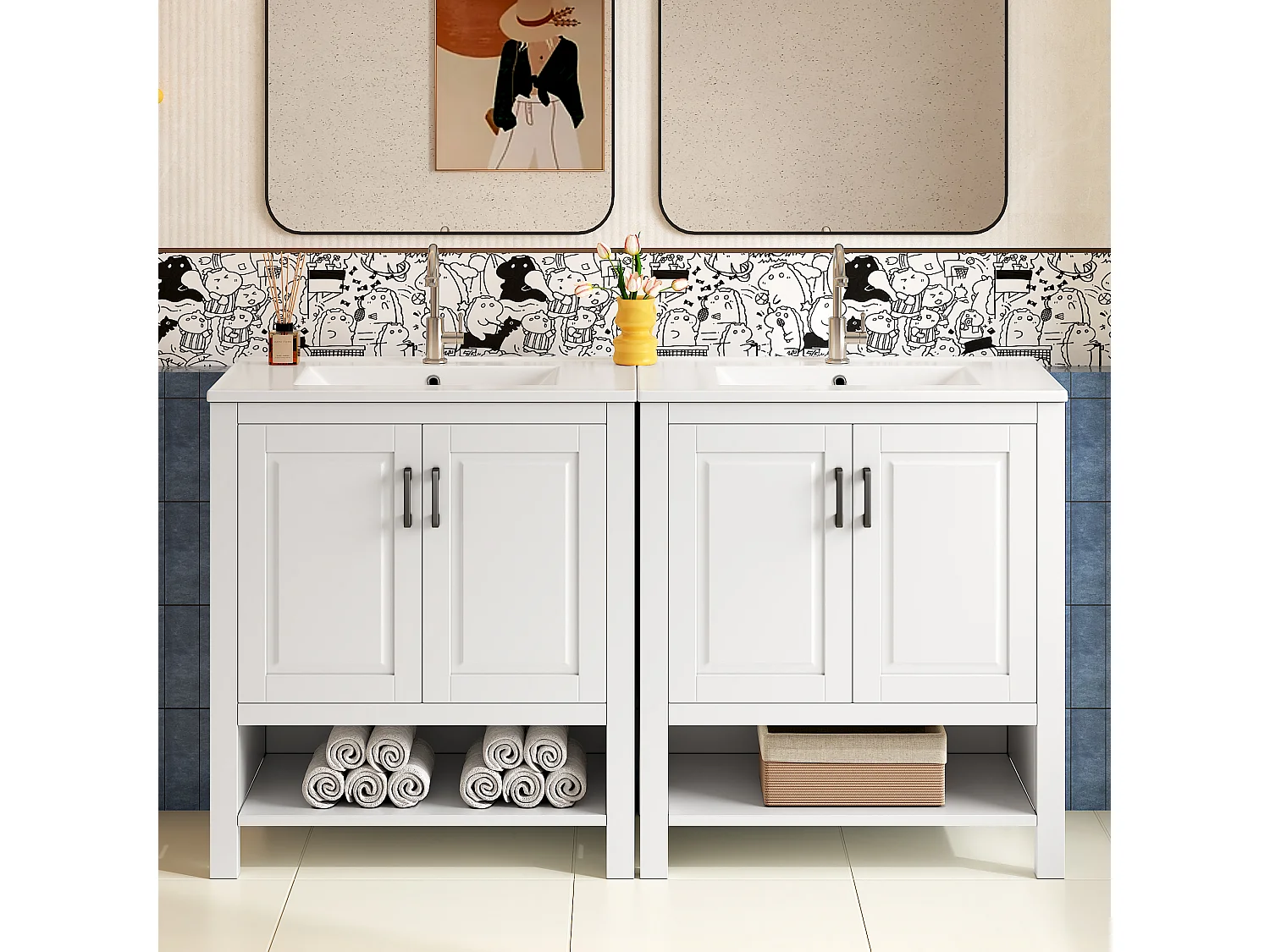 Bathroom cabinet with ceramic sink - 2 doors and open shelves - 76.5x47x83 cm - lacquered finish - white