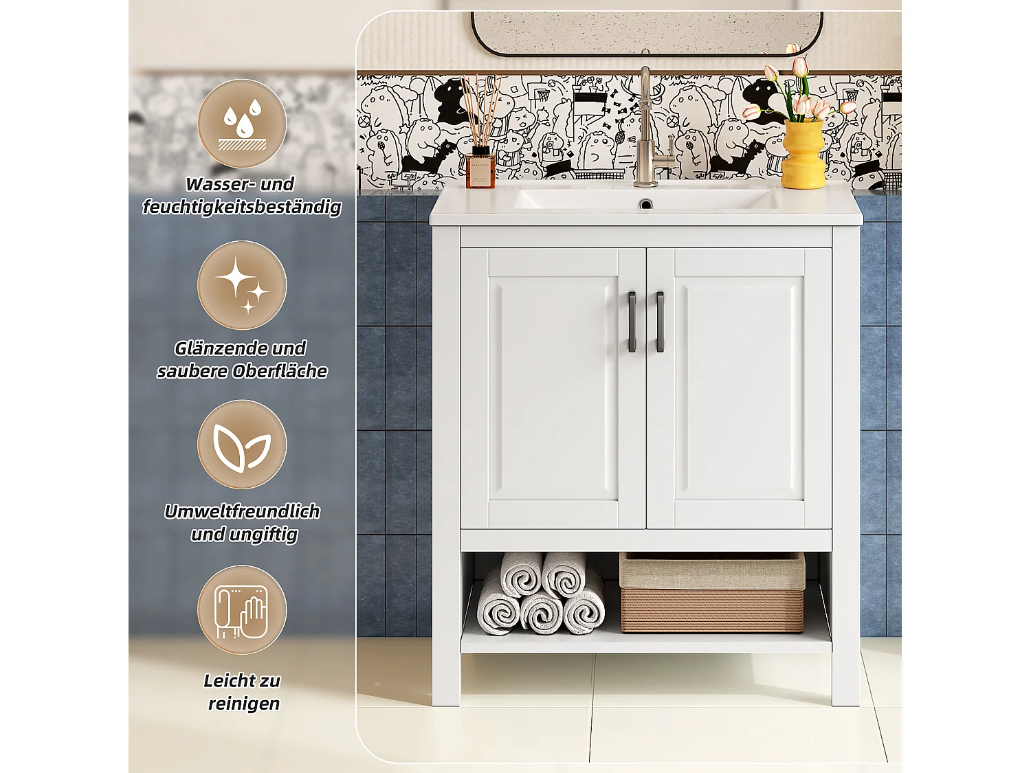 Bathroom cabinet with ceramic sink - 2 doors and open shelves - 76.5x47x83 cm - lacquered finish - white