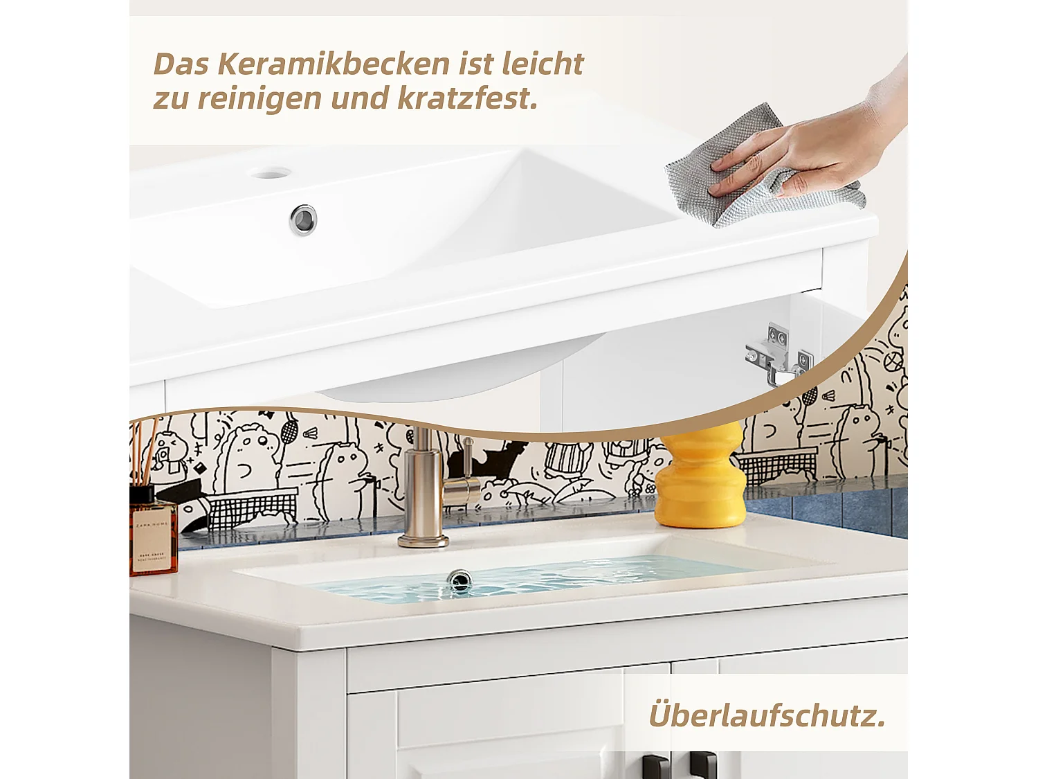 Bathroom cabinet with ceramic sink - 2 doors and open shelves - 76.5x47x83 cm - lacquered finish - white
