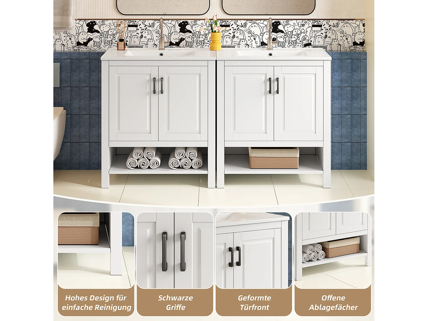 Bathroom cabinet with ceramic sink - 2 doors and open shelves - 76.5x47x83 cm - lacquered finish - white