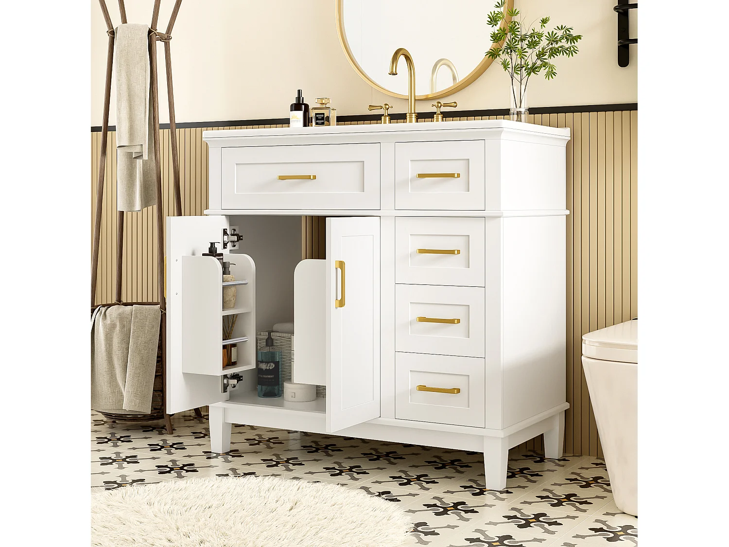 Bathroom vanity unit with a ceramic sink 90x46x87 cm - 4 drawers and 3 doors - White