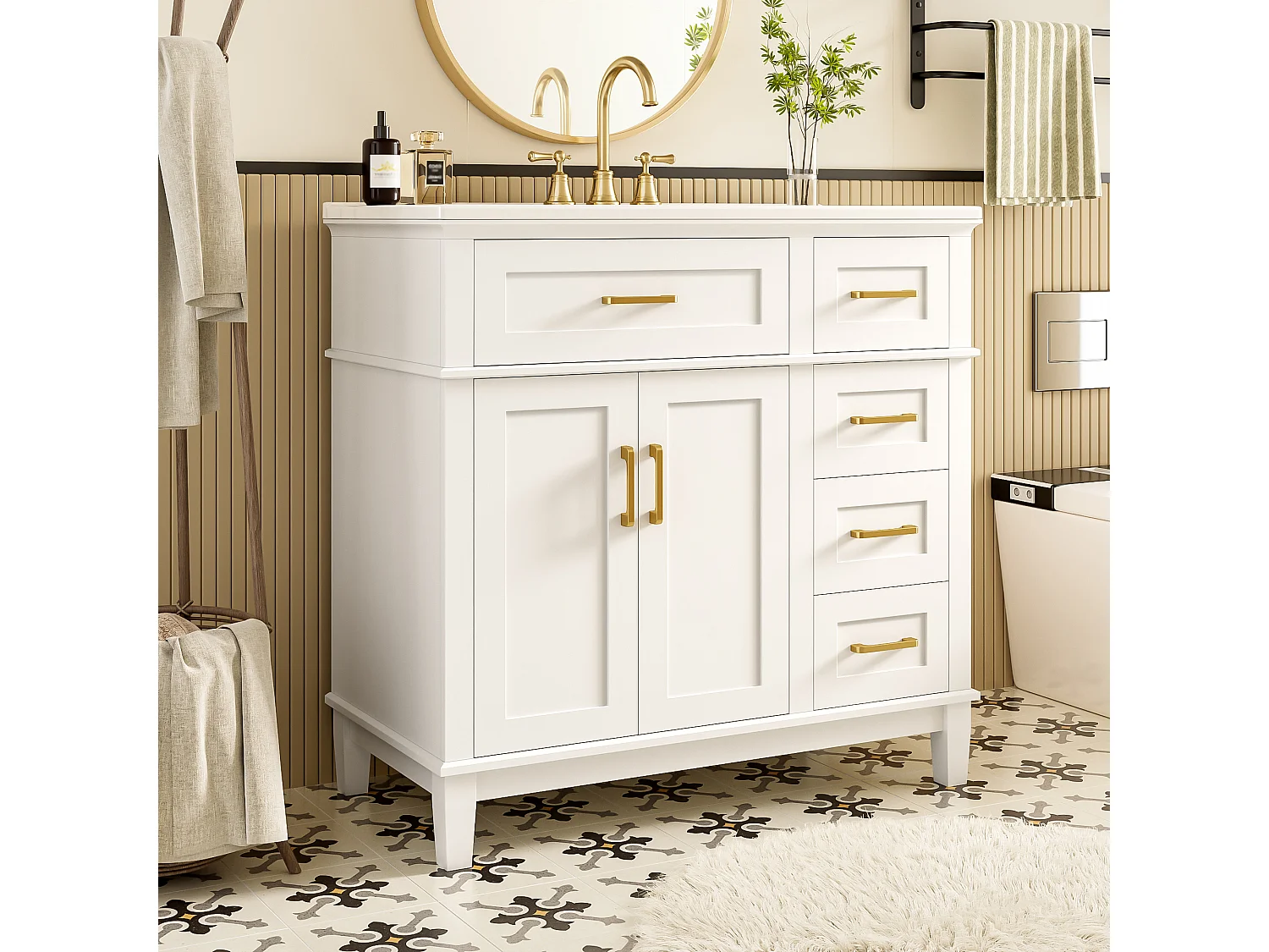 Bathroom vanity unit with a ceramic sink 90x46x87 cm - 4 drawers and 3 doors - White