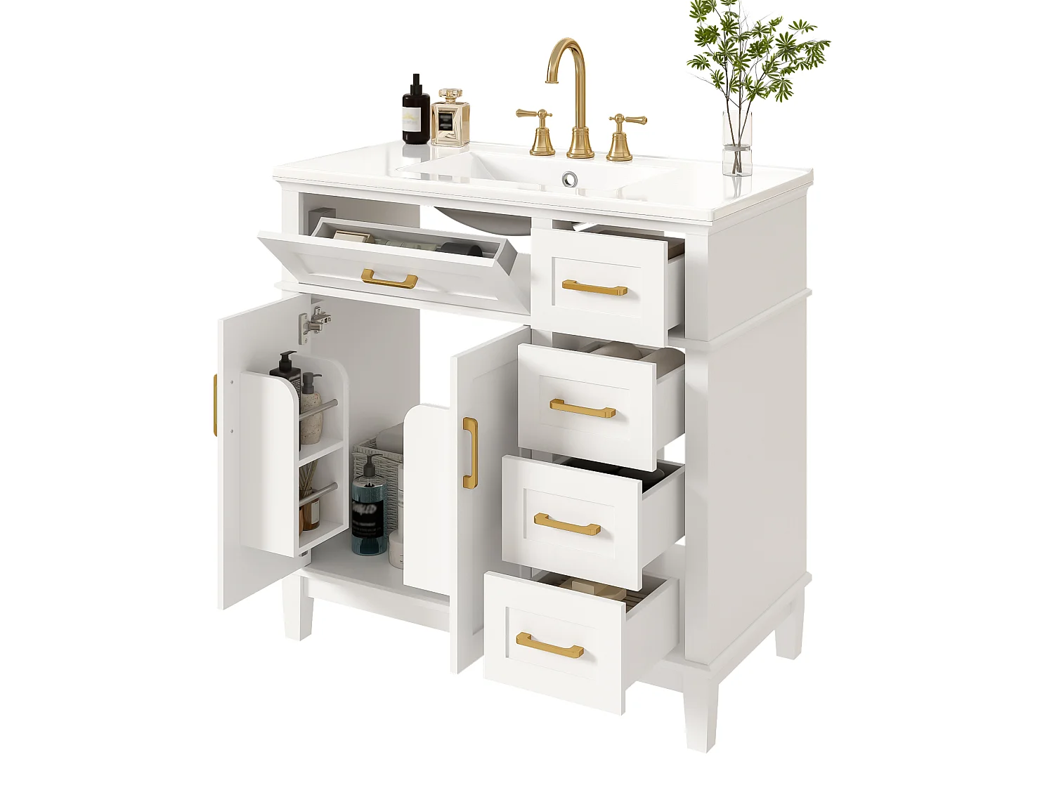 Bathroom vanity unit with a ceramic sink 90x46x87 cm - 4 drawers and 3 doors - White