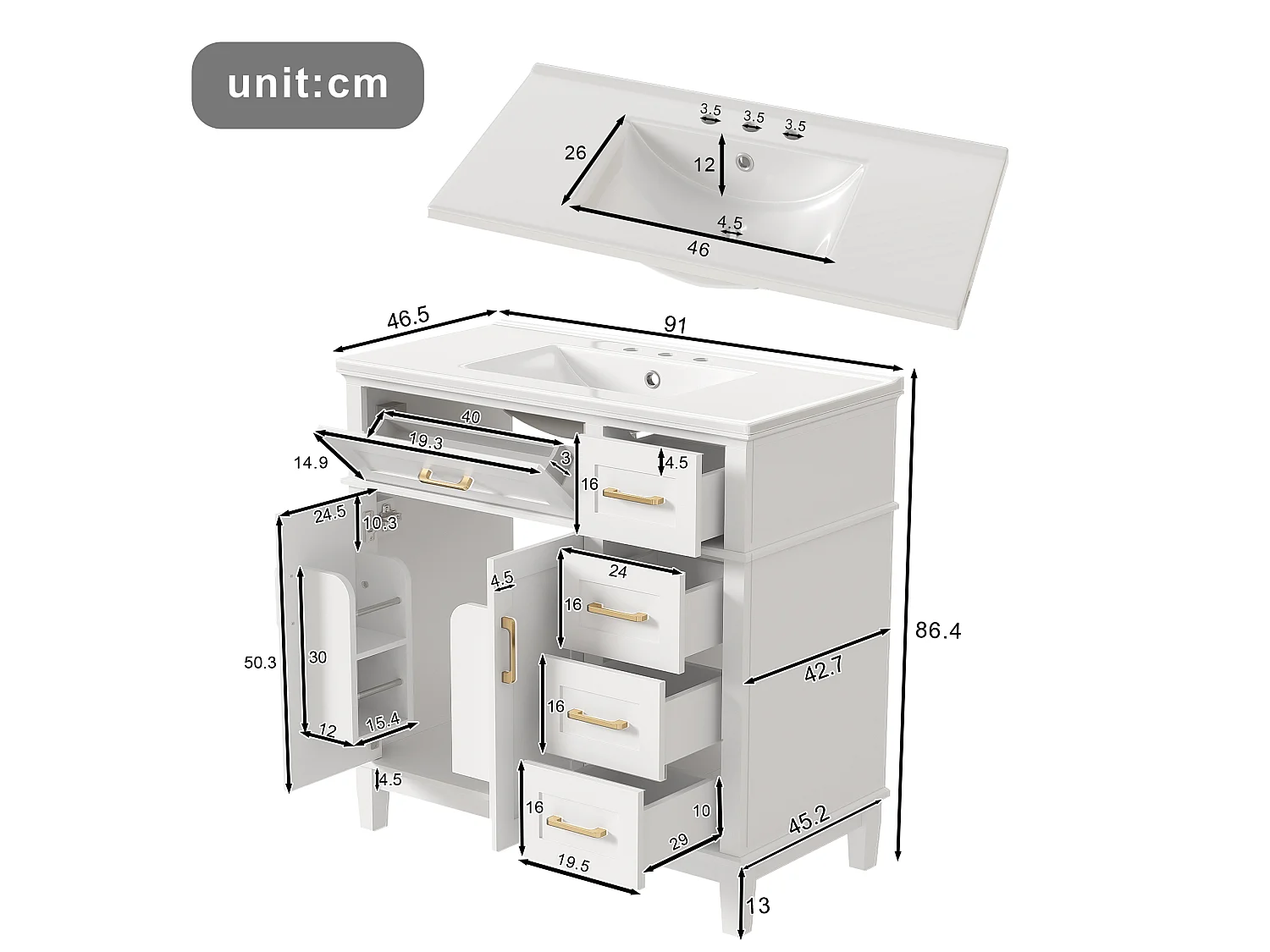 Bathroom vanity unit with a ceramic sink 90x46x87 cm - 4 drawers and 3 doors - White