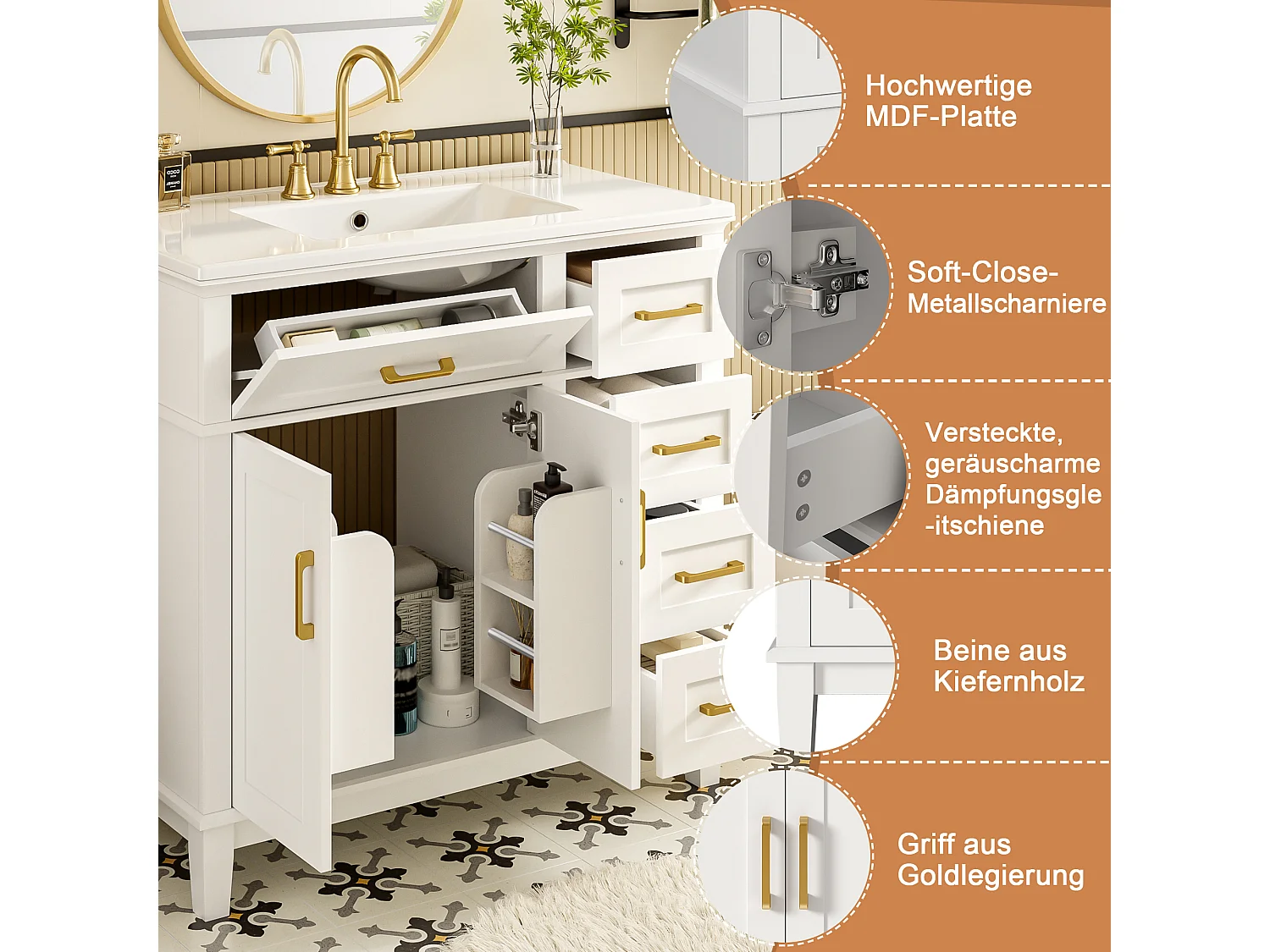 Bathroom vanity unit with a ceramic sink 90x46x87 cm - 4 drawers and 3 doors - White