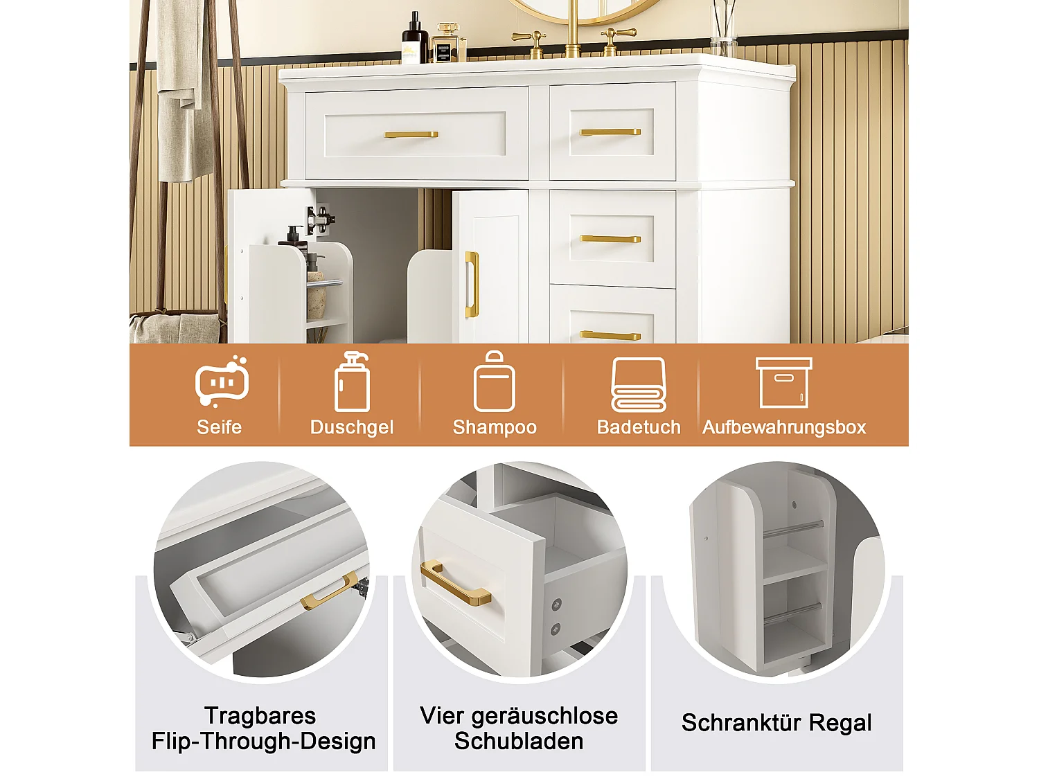 Bathroom vanity unit with a ceramic sink 90x46x87 cm - 4 drawers and 3 doors - White