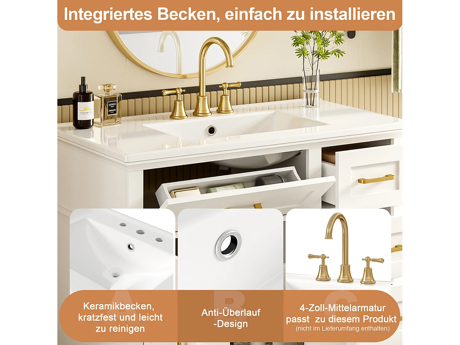 Bathroom vanity unit with a ceramic sink 90x46x87 cm - 4 drawers and 3 doors - White