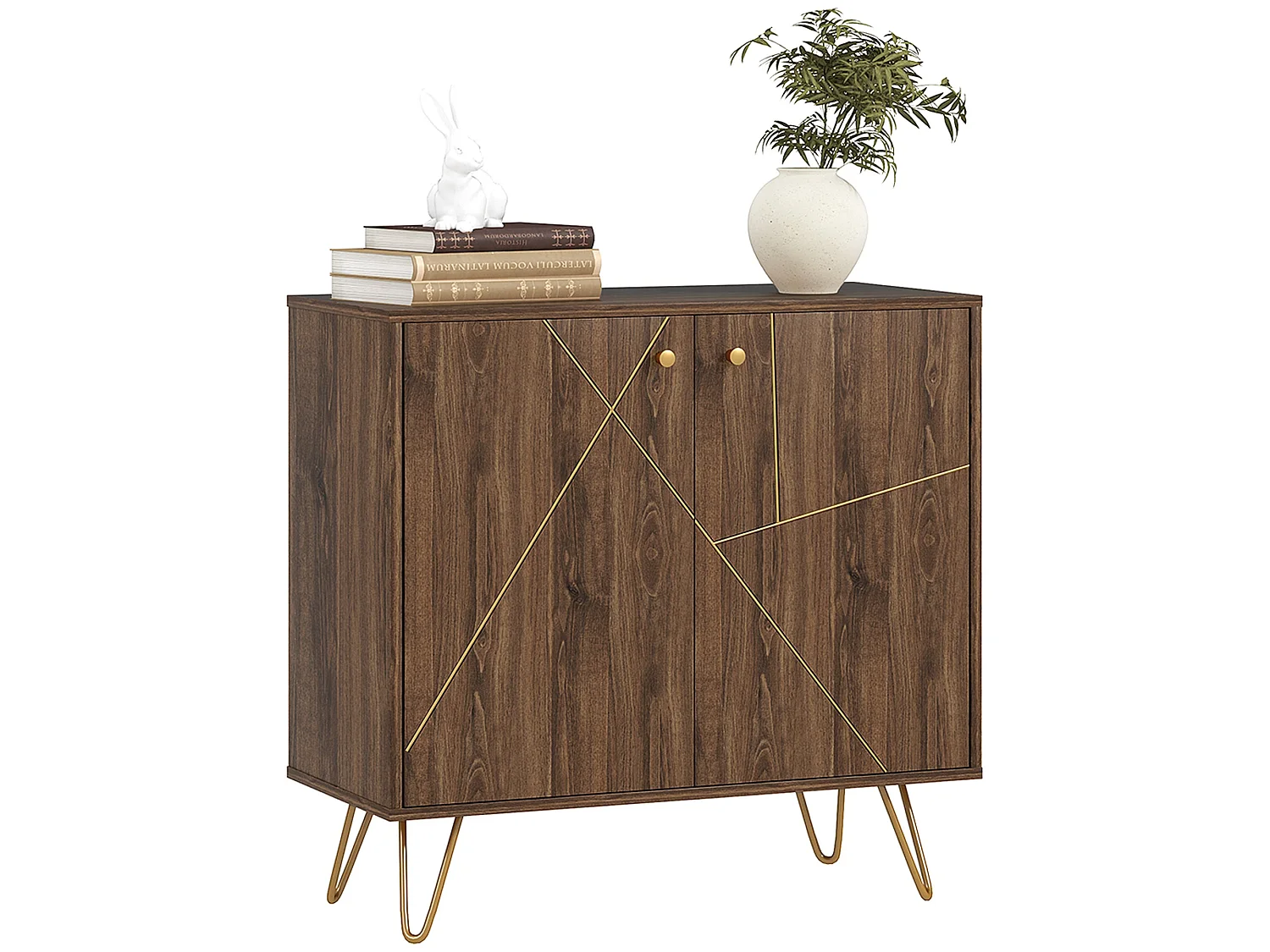 Fafi Napa Brown Sideboard with Gold Lines and Hairpin Legs