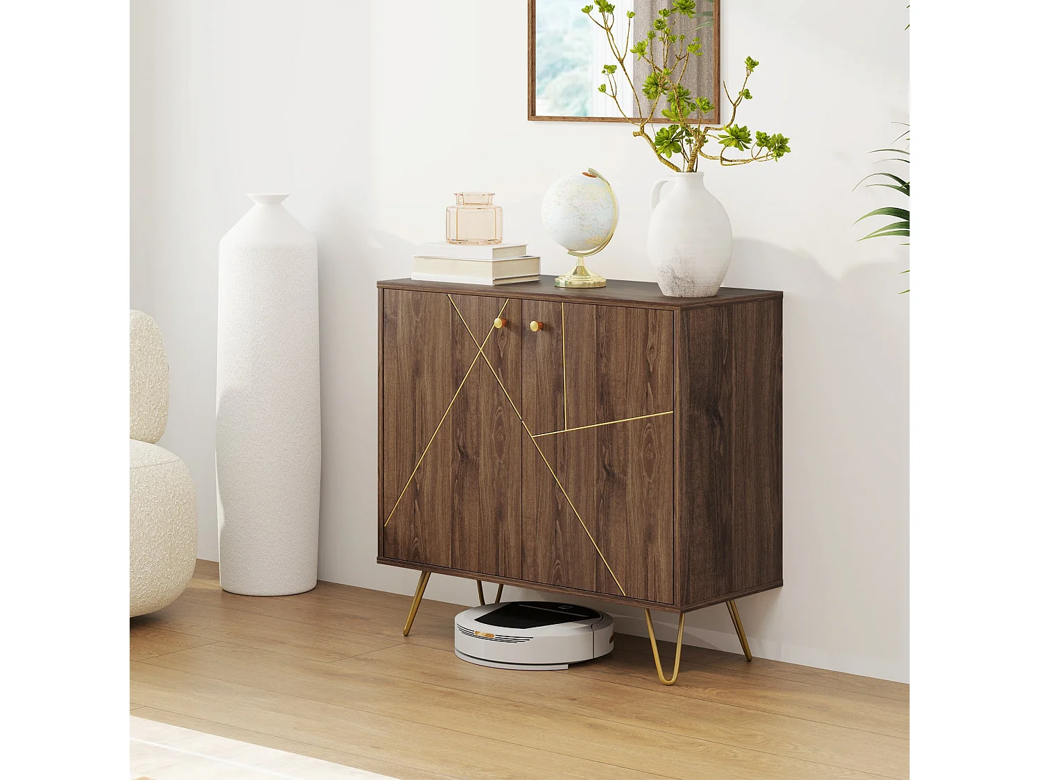 Fafi Napa Brown Sideboard with Gold Lines and Hairpin Legs