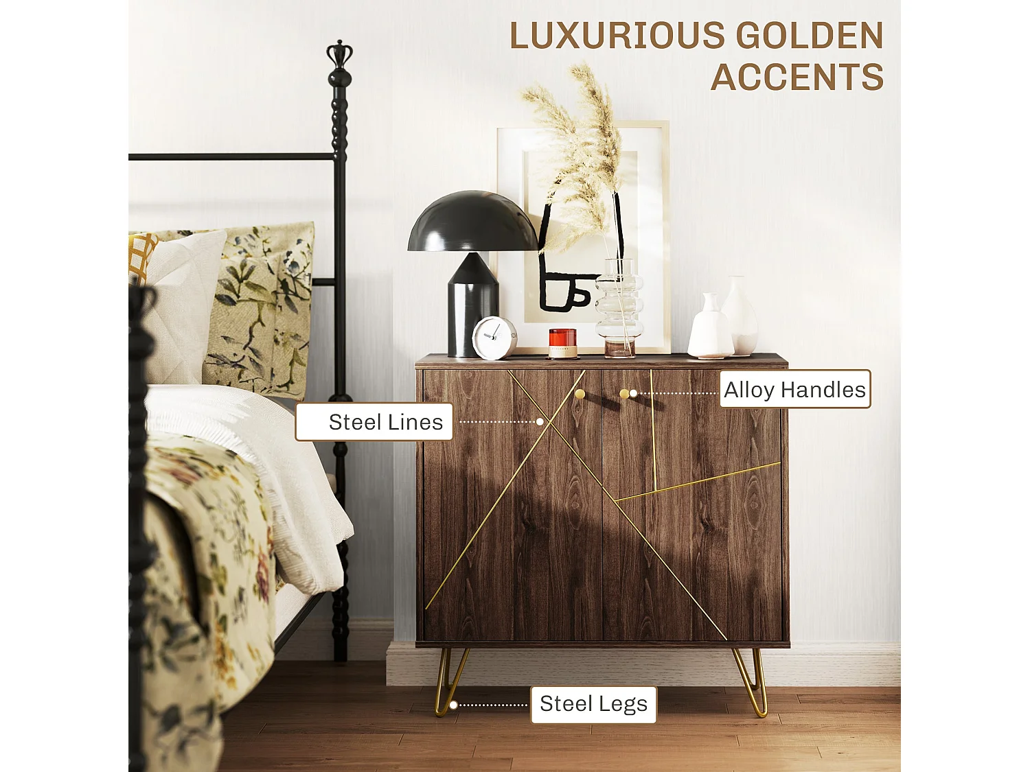 Fafi Napa Brown Sideboard with Gold Lines and Hairpin Legs