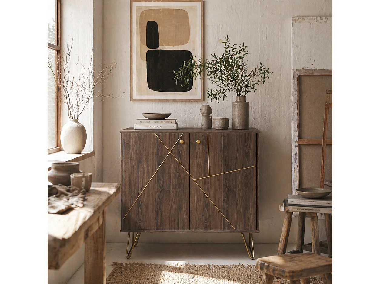 Fafi Napa Brown Sideboard with Gold Lines and Hairpin Legs