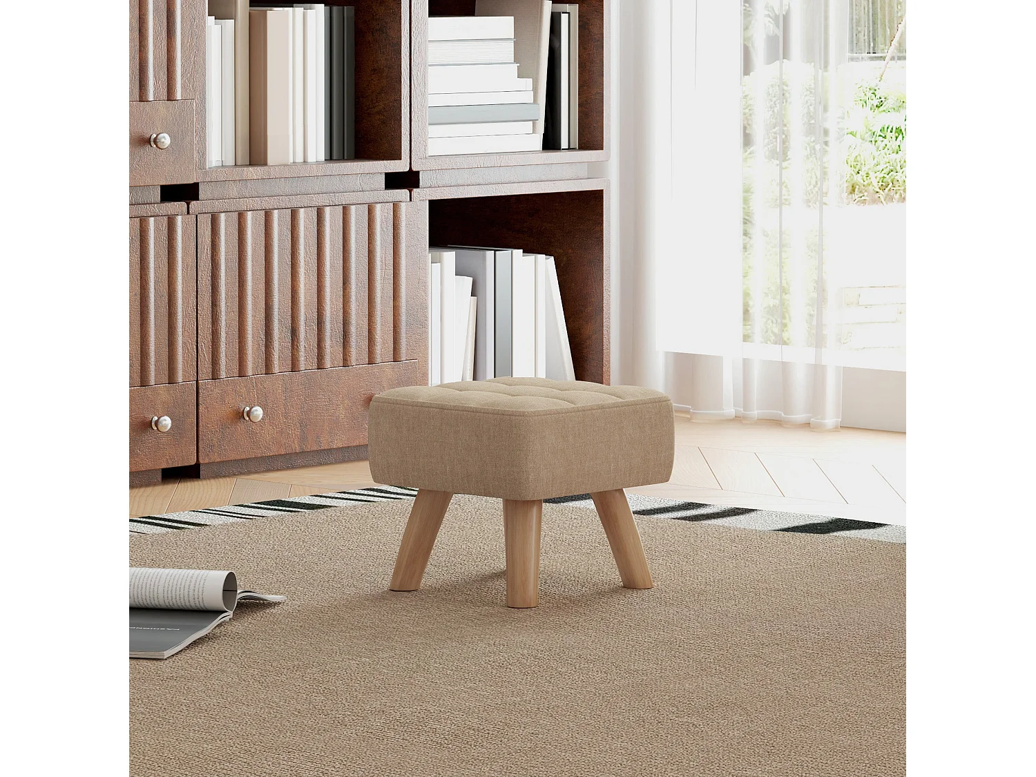 Luluva Linen Look Light Brown Square Footstool Padded Diamond Tufted