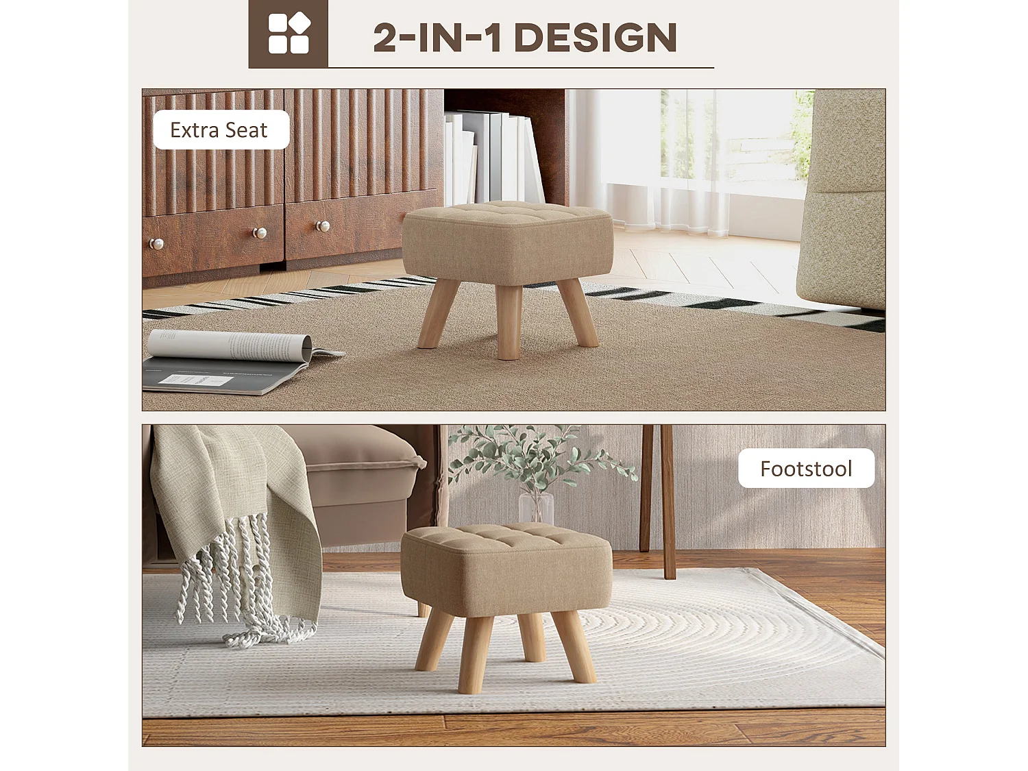 Luluva Linen Look Light Brown Square Footstool Padded Diamond Tufted