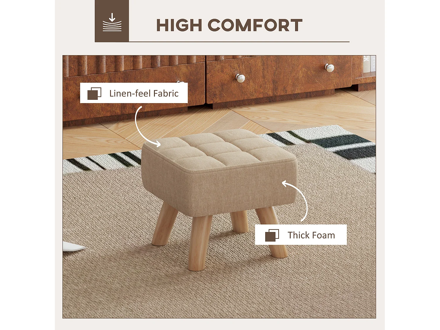 Luluva Linen Look Light Brown Square Footstool Padded Diamond Tufted