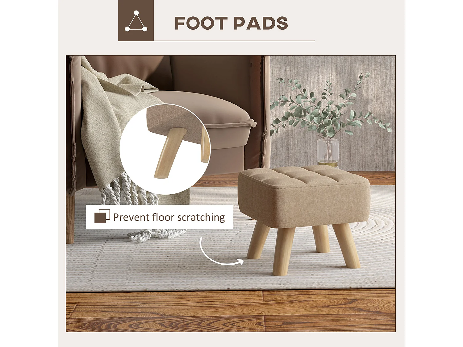 Luluva Linen Look Light Brown Square Footstool Padded Diamond Tufted