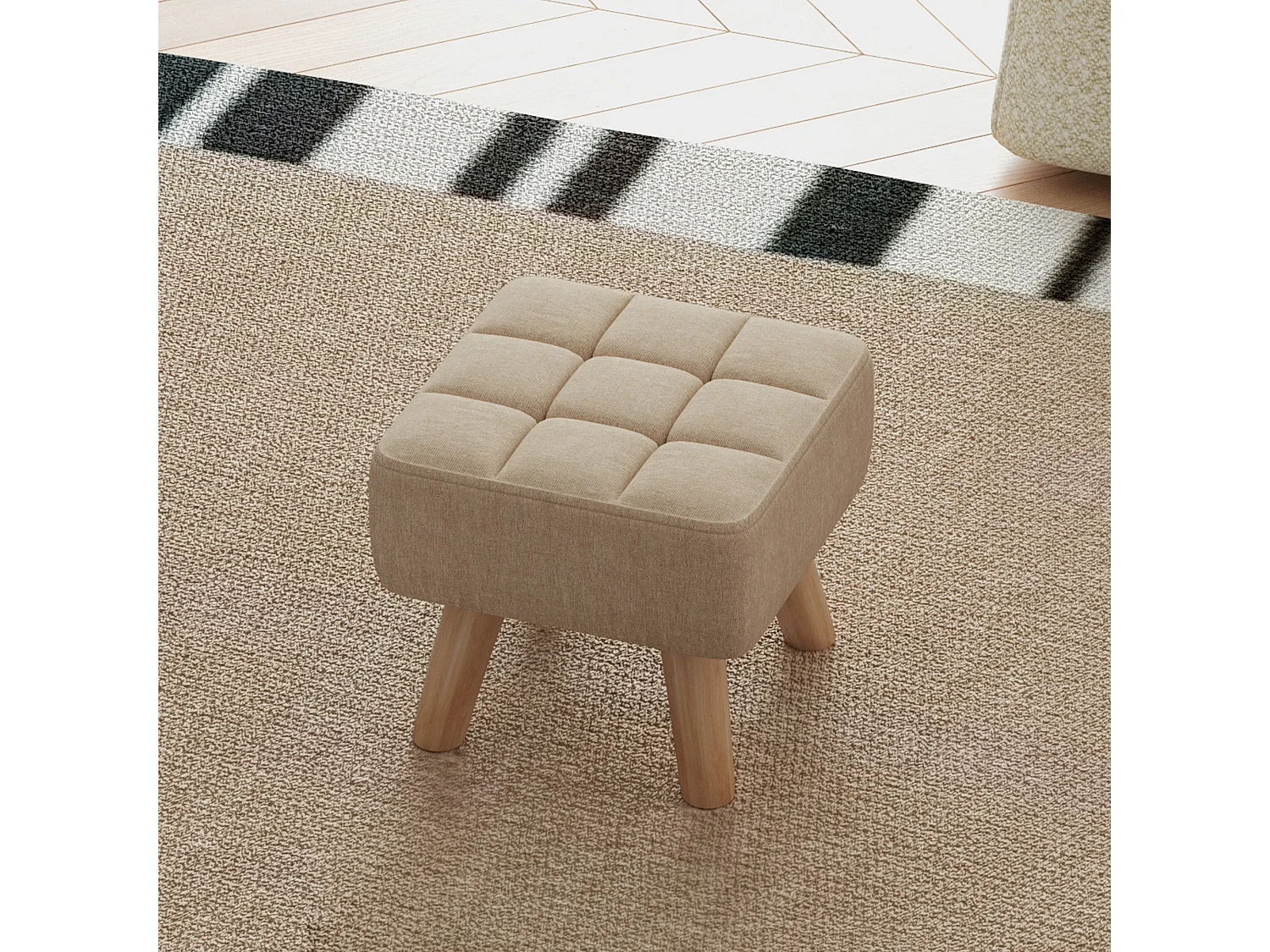 Luluva Linen Look Light Brown Square Footstool Padded Diamond Tufted