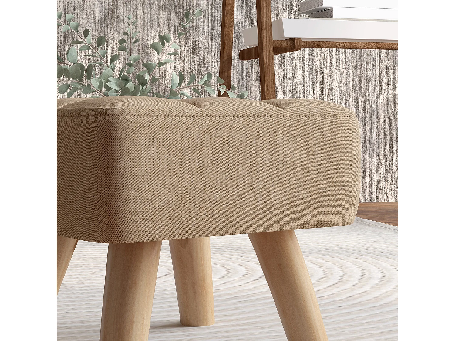Luluva Linen Look Light Brown Square Footstool Padded Diamond Tufted