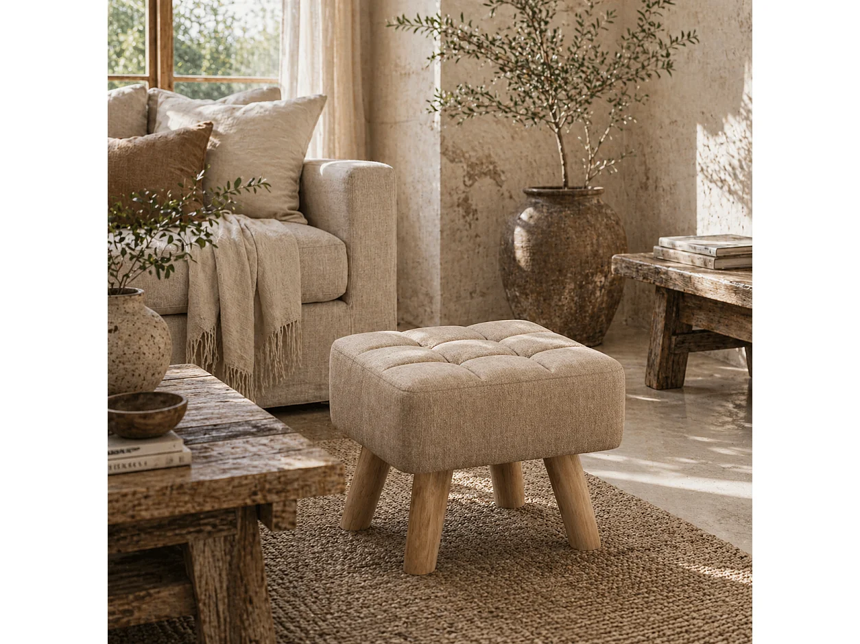 Luluva Linen Look Light Brown Square Footstool Padded Diamond Tufted