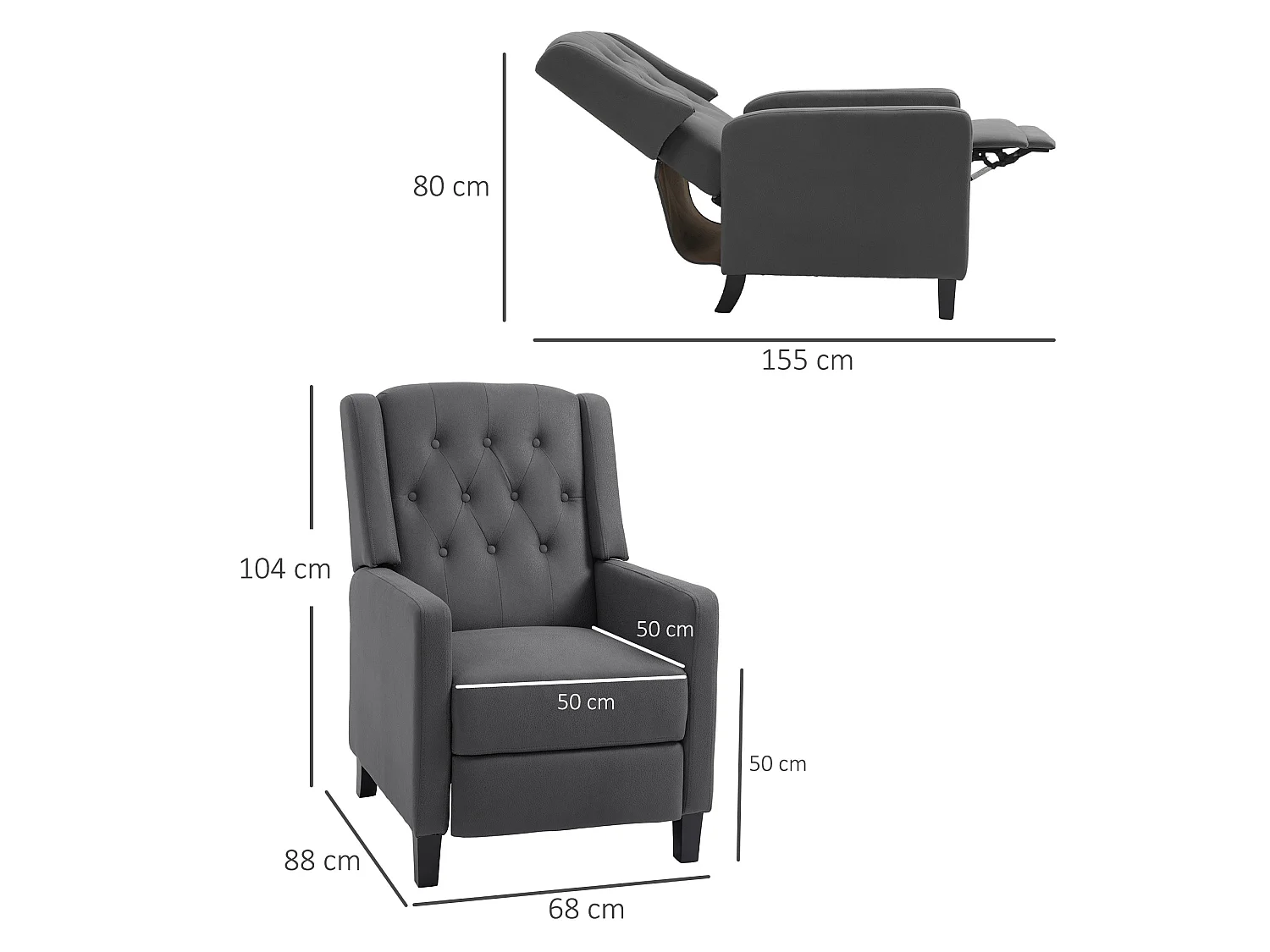 Lino Charcoal Grey Button Tufted Microfibre Recliner Armchair with Footrest