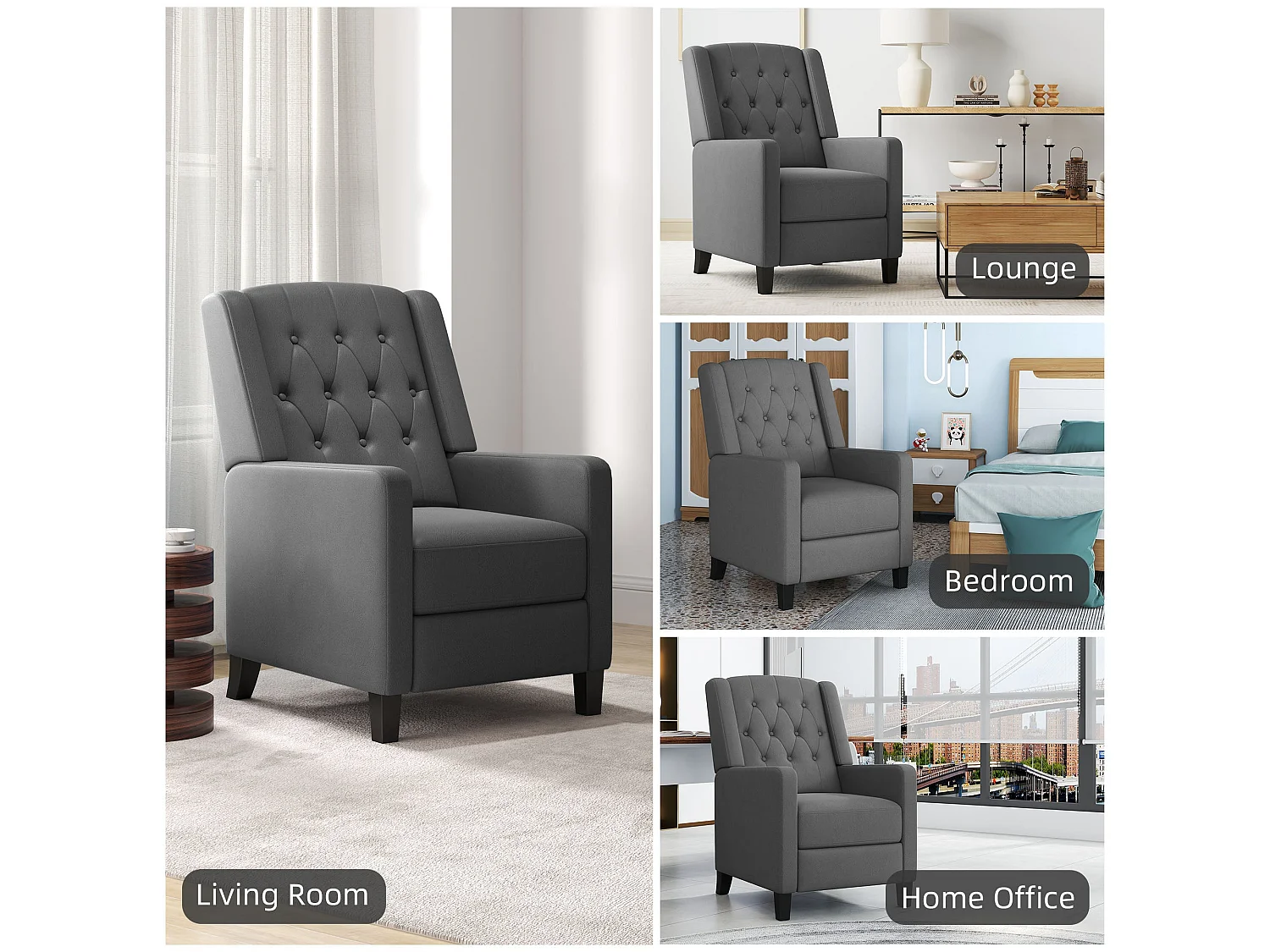 Lino Charcoal Grey Button Tufted Microfibre Recliner Armchair with Footrest