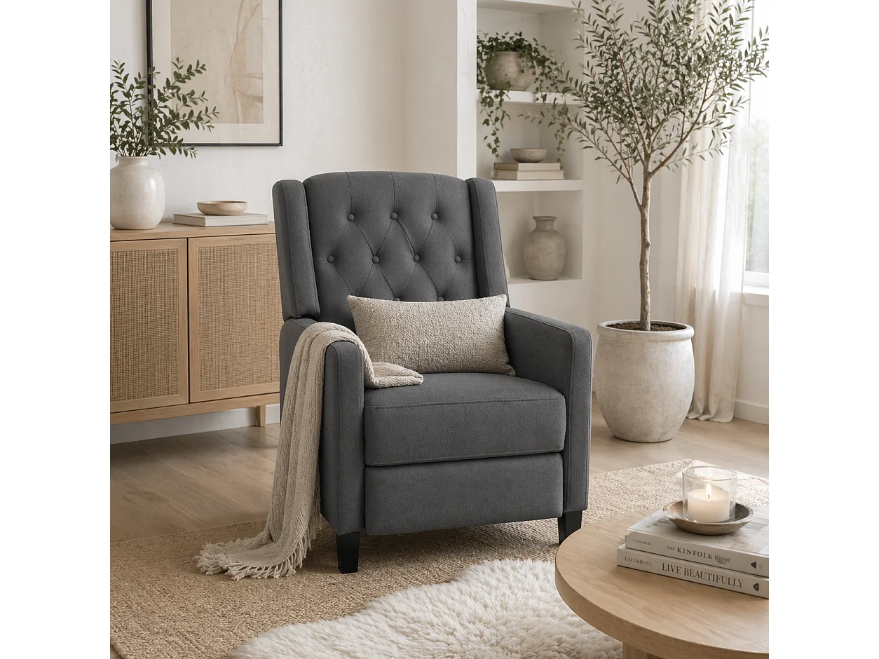 Lino Charcoal Grey Button Tufted Microfibre Recliner Armchair with Footrest