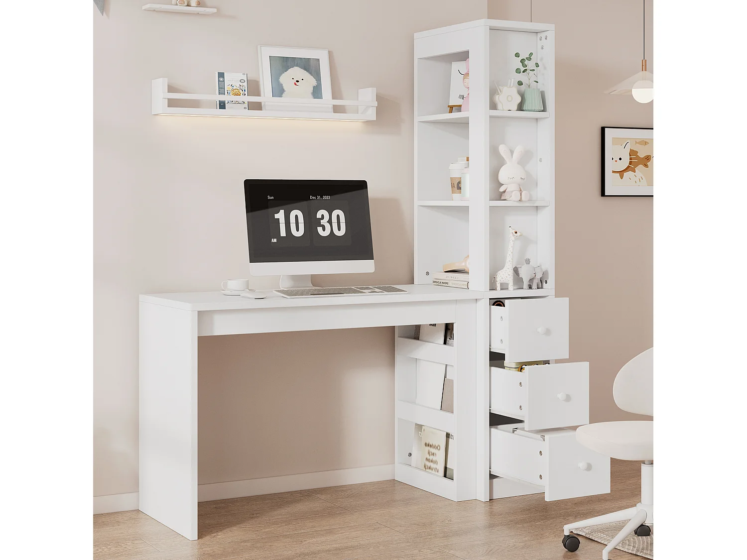 Bureau avec bibliothèque intégrée 150x50x180cm, poste de travail avec 3 tiroirs, rangement latéral et grand plateau - blanc