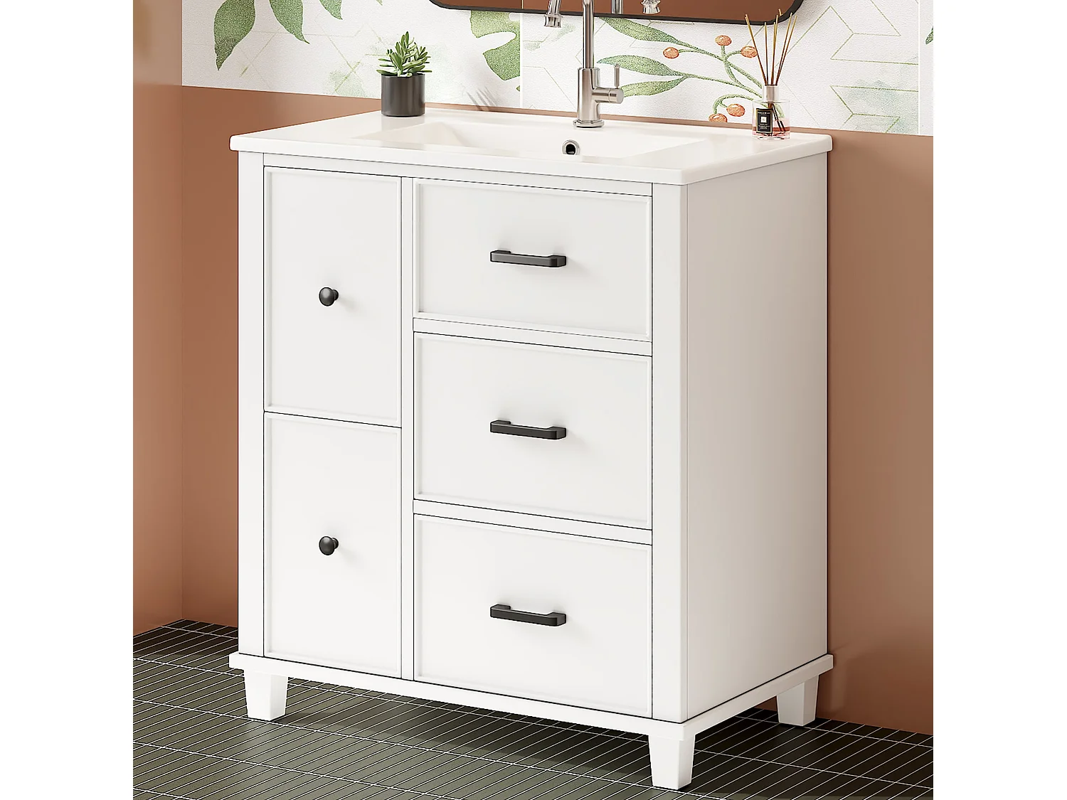 Bathroom cabinet with ceramic sink - 76.5x47x83 cm - with 5 drawers - lacquered finish - white