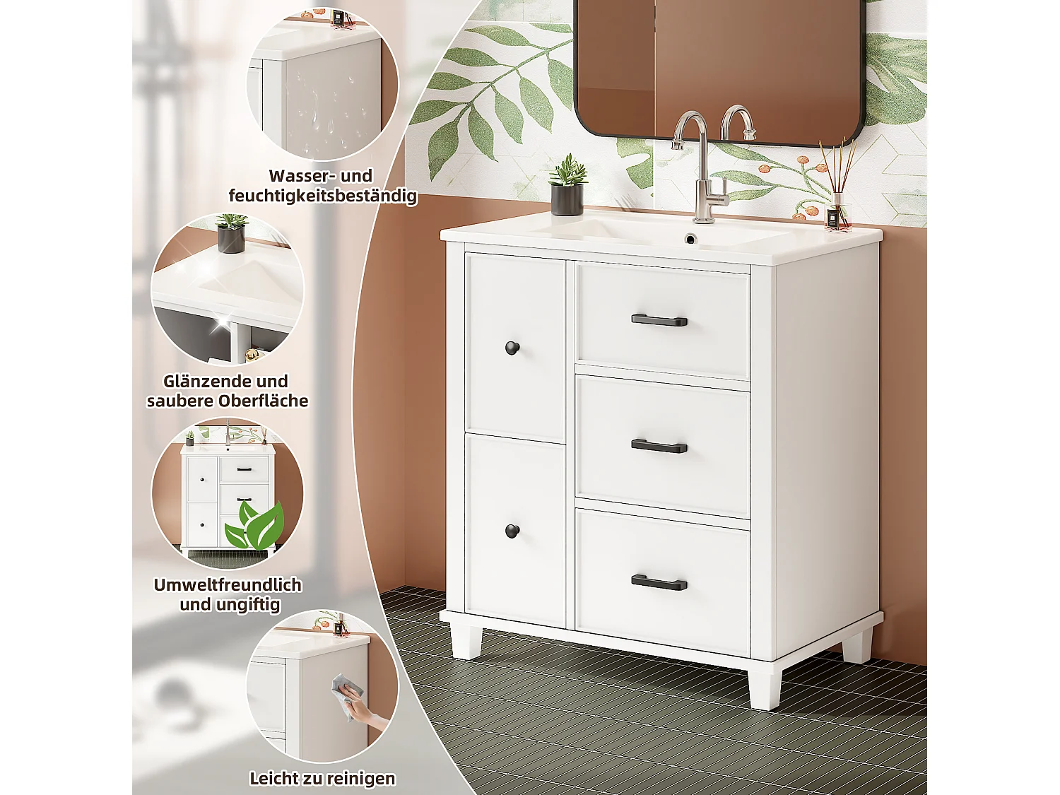 Bathroom cabinet with ceramic sink - 76.5x47x83 cm - with 5 drawers - lacquered finish - white