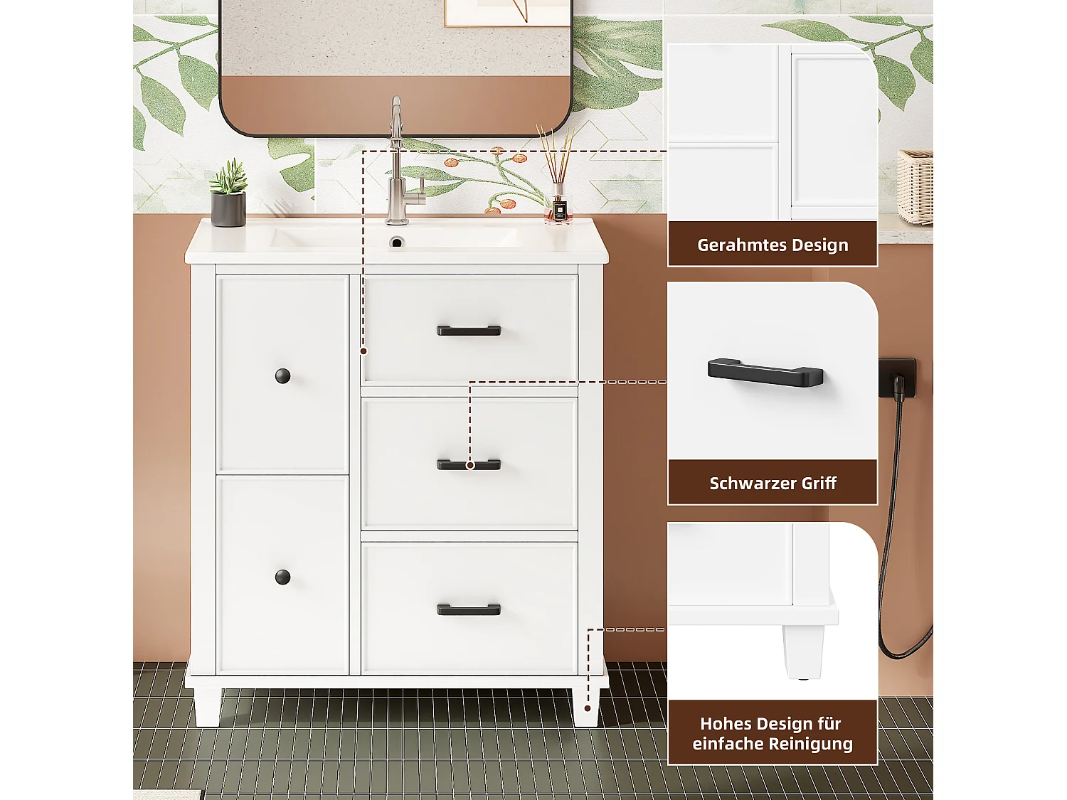 Bathroom cabinet with ceramic sink - 76.5x47x83 cm - with 5 drawers - lacquered finish - white