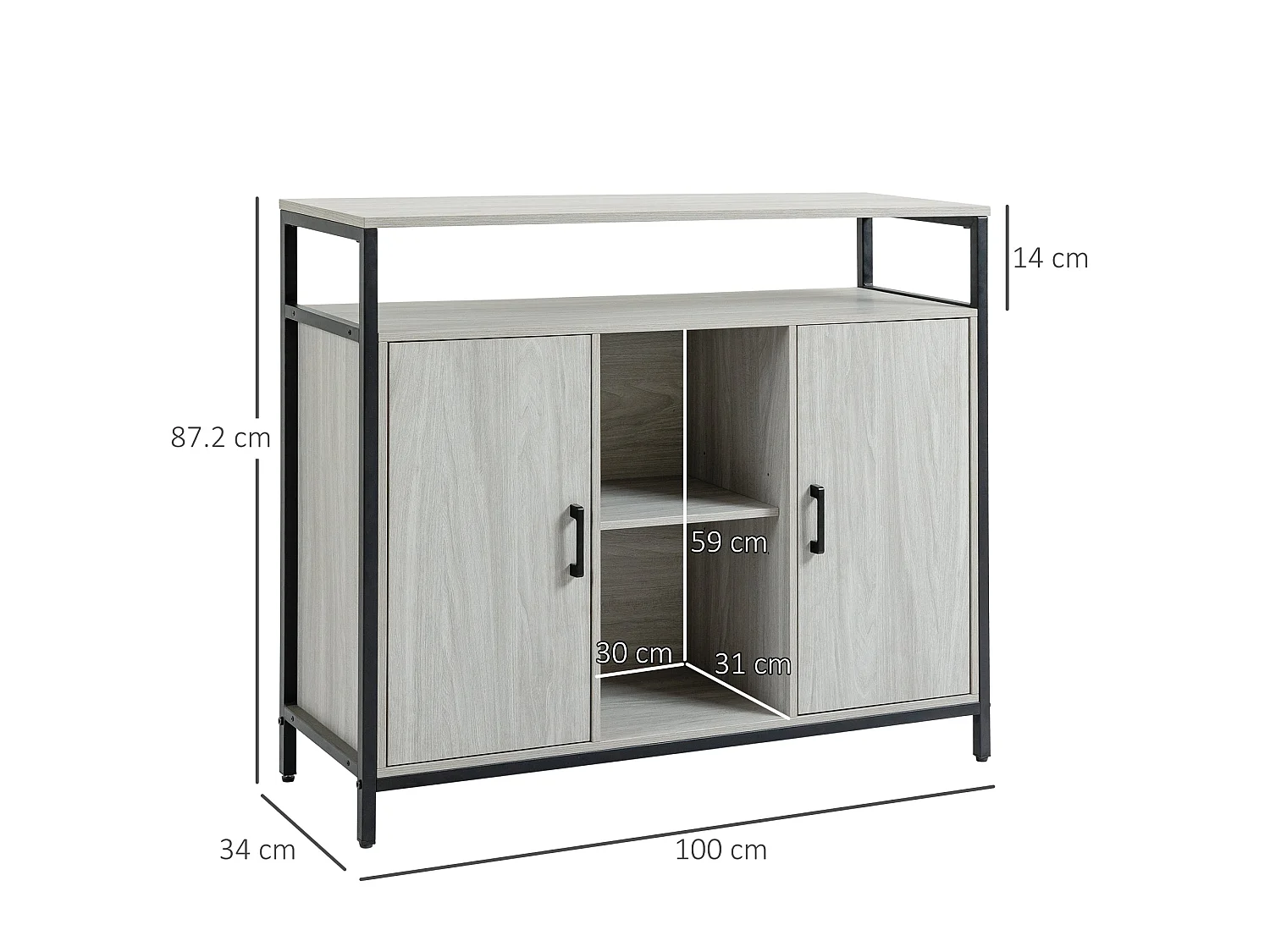 Vara Light Grey Sideboard with Powder Coated Steel Frame 2 Doors and 4 Adjustable Shelves