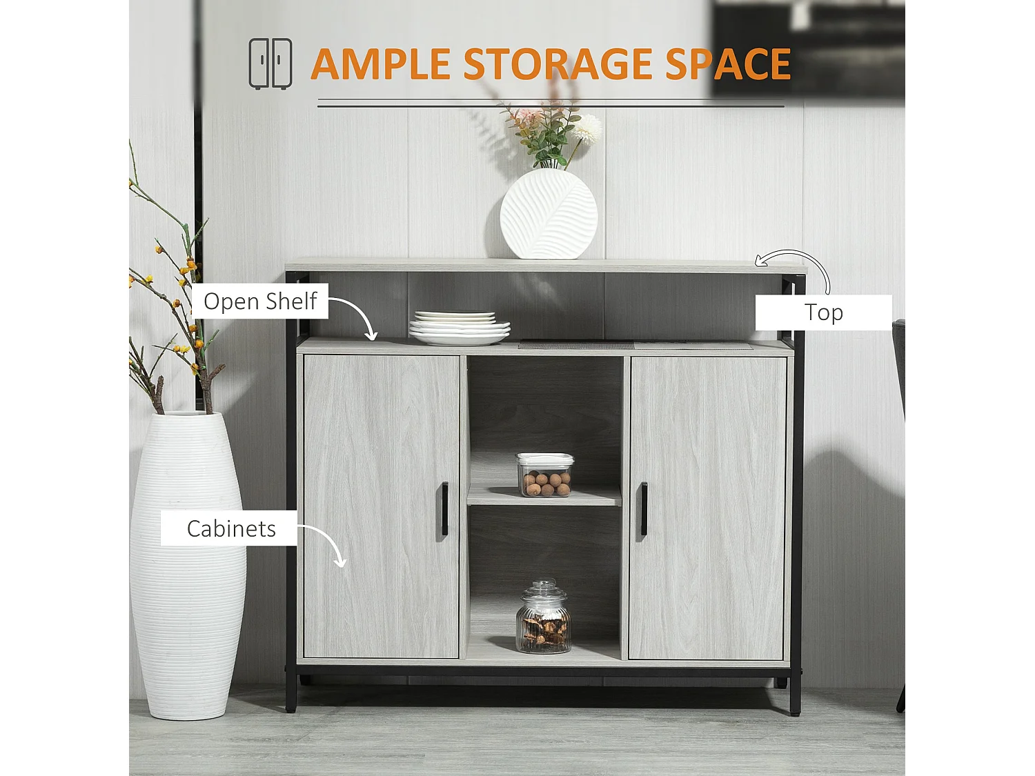 Vara Light Grey Sideboard with Powder Coated Steel Frame 2 Doors and 4 Adjustable Shelves