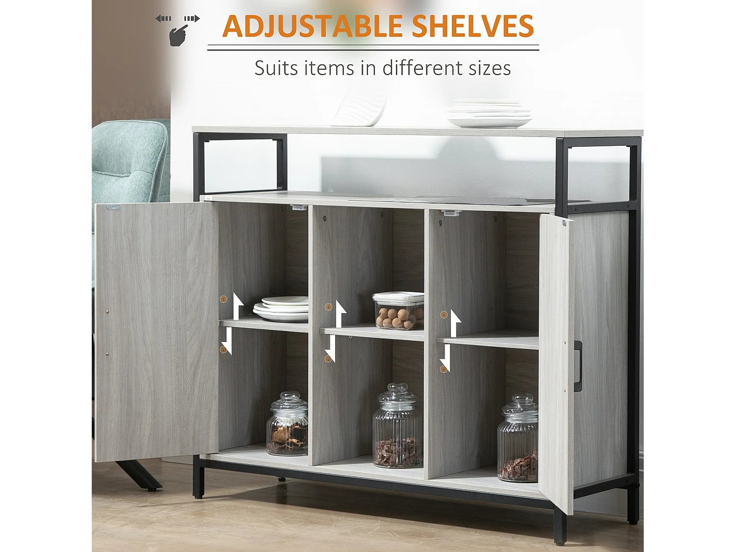 Vara Light Grey Sideboard with Powder Coated Steel Frame 2 Doors and 4 Adjustable Shelves
