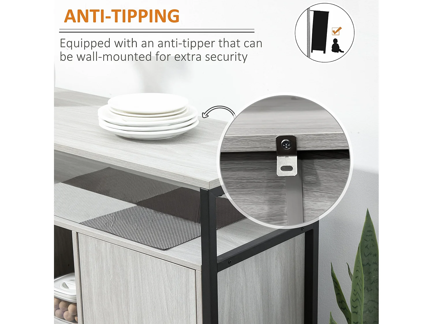 Vara Light Grey Sideboard with Powder Coated Steel Frame 2 Doors and 4 Adjustable Shelves