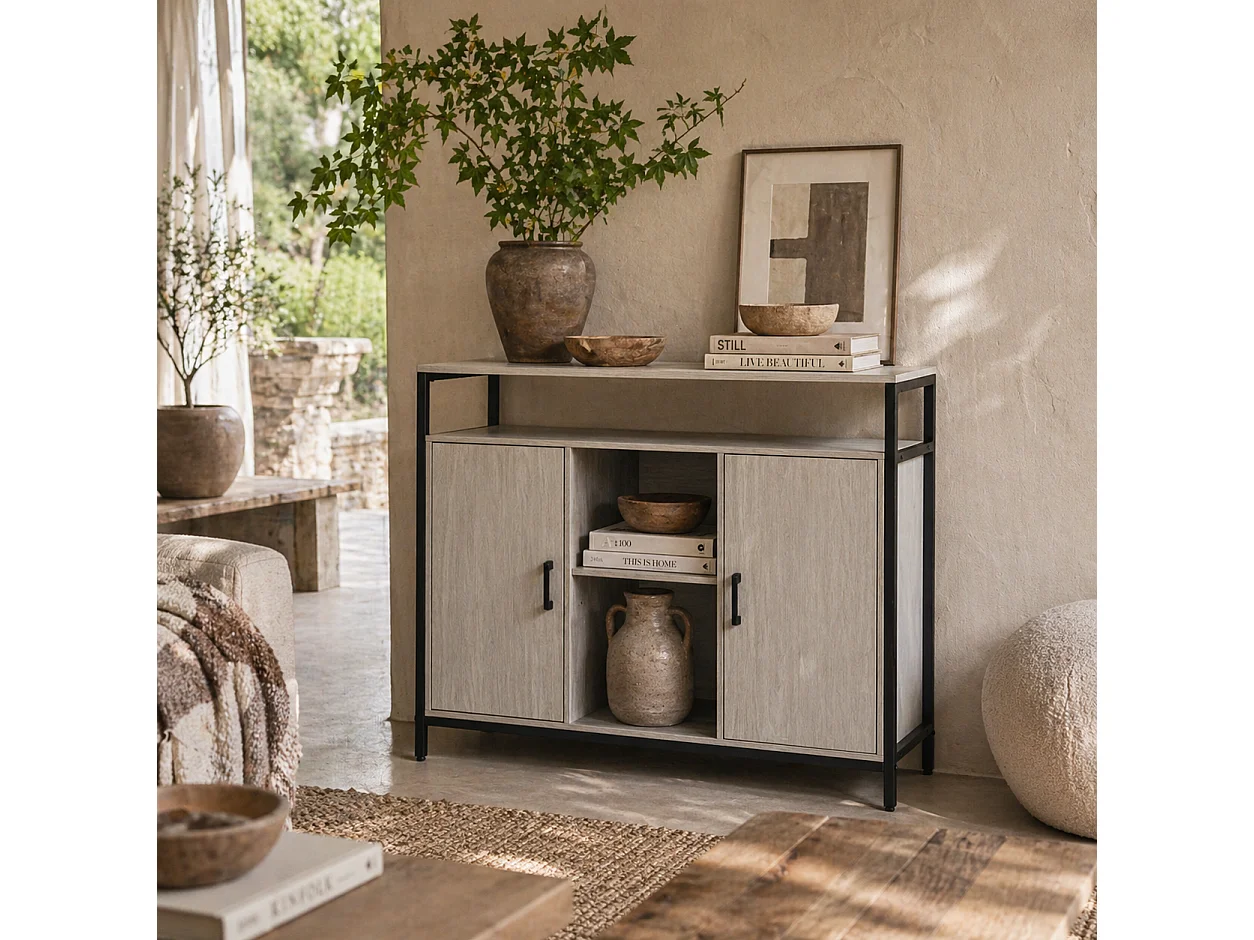 Vara Light Grey Sideboard with Powder Coated Steel Frame 2 Doors and 4 Adjustable Shelves