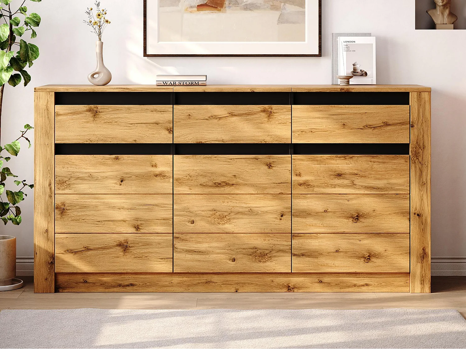 Buffet moderne 135×35×70 cm - Commode 3 tiroirs et 3 portes - Finition bois - Panneaux de particules - Naturel
