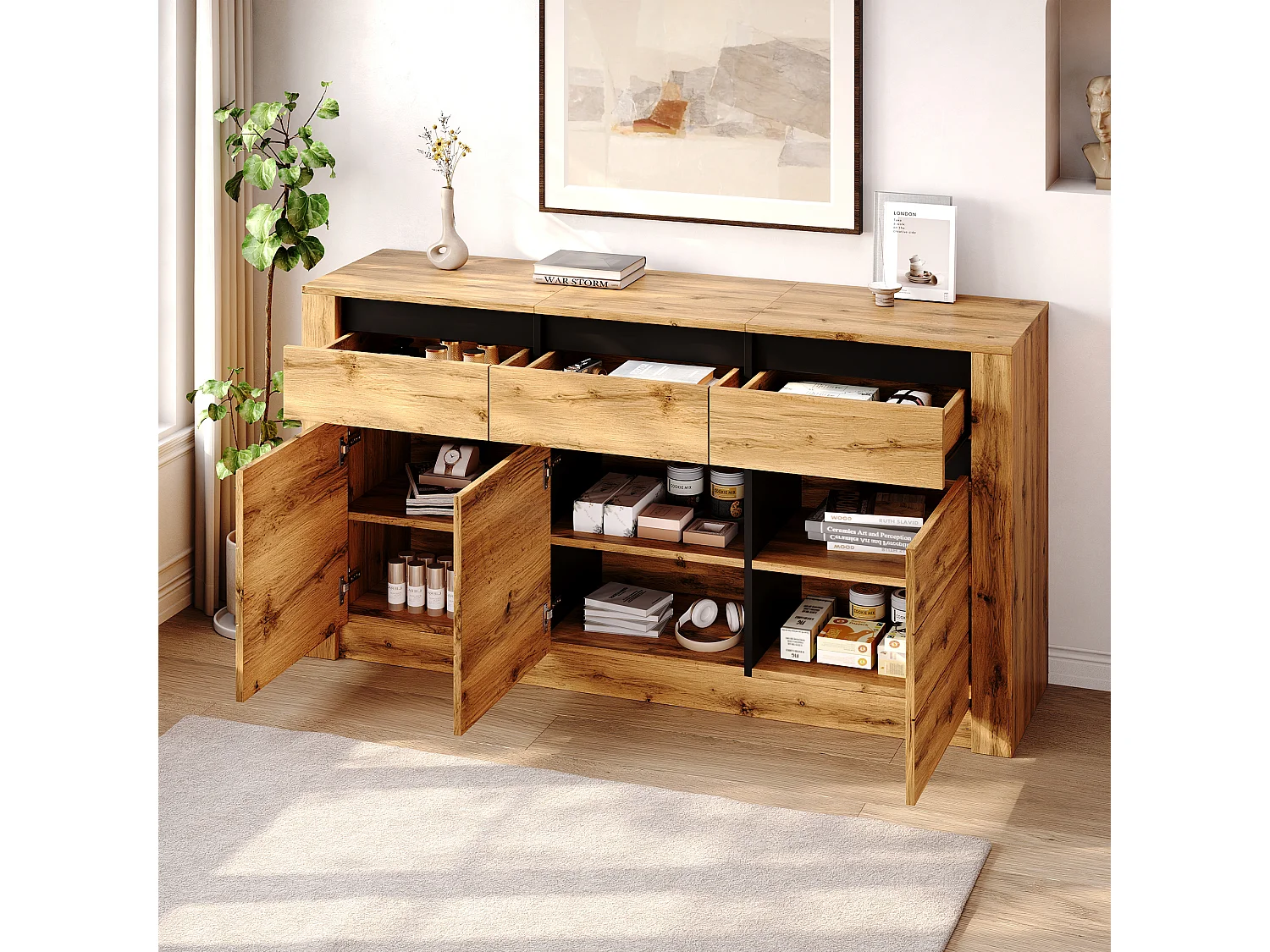 Buffet moderne 135×35×70 cm - Commode 3 tiroirs et 3 portes - Finition bois - Panneaux de particules - Naturel