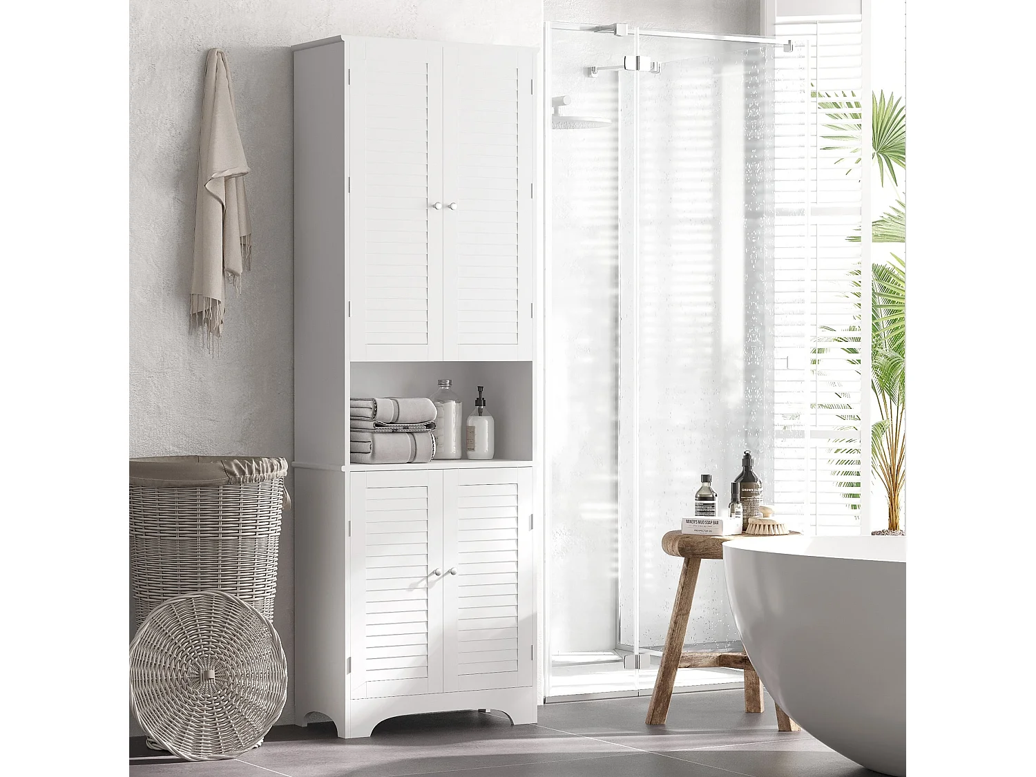 Vihave Tall Freestanding Bathroom Cabinet with Shutter Doors and Raised Base White