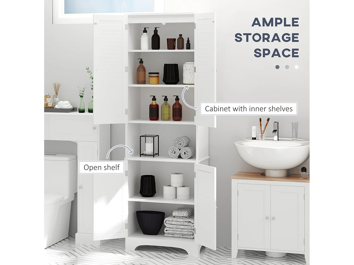 Vihave Tall Freestanding Bathroom Cabinet with Shutter Doors and Raised Base White