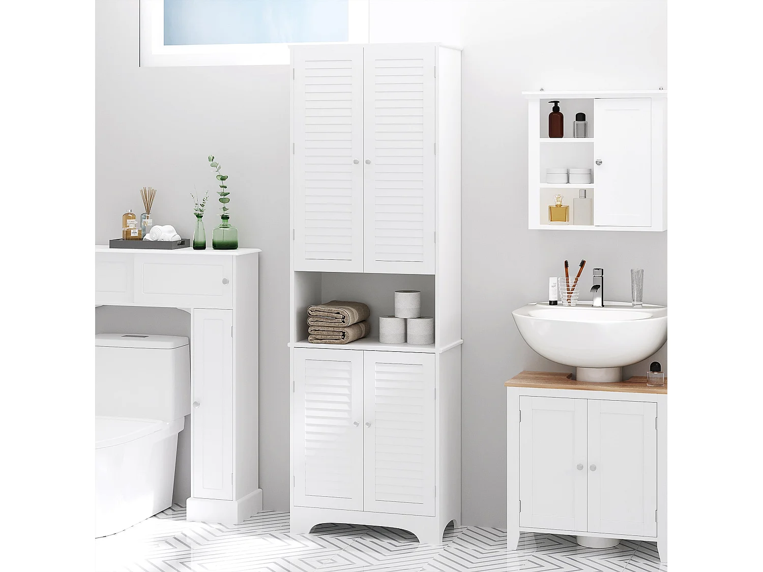 Vihave Tall Freestanding Bathroom Cabinet with Shutter Doors and Raised Base White