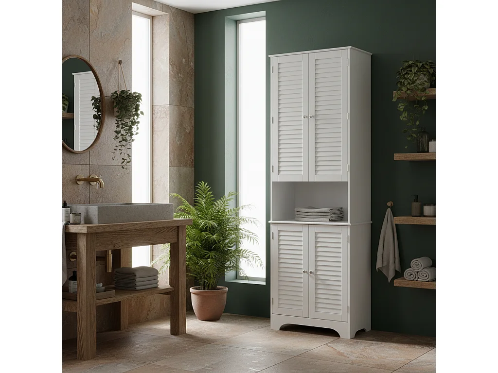 Vihave Tall Freestanding Bathroom Cabinet with Shutter Doors and Raised Base White